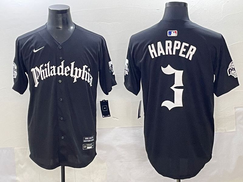 Men 2025 Philadelphia Phillies #3 Harper Black Five generations Joint Name Nike MLB Jersey style 1